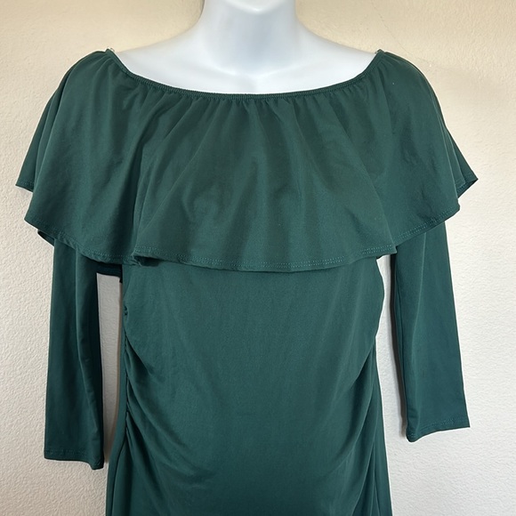 Pinkblush Emerald Green Ruffle Off The Shoulder Long Sleeve Maternity Mini Dress - Picture 4 of 10